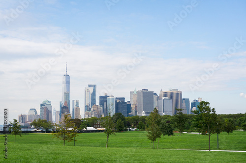 A view of Financial district in Lower Manhattan seen from Governors Island. Aerial of downtown Manhattan