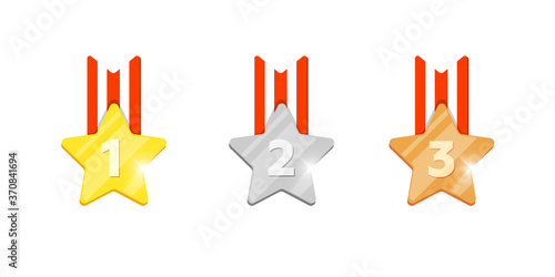 Gold silver bronze medal star reward set with first second third place number for computer video game or mobile apps animation. Winner trophy bonus achievement award icons flat eps vector illustration