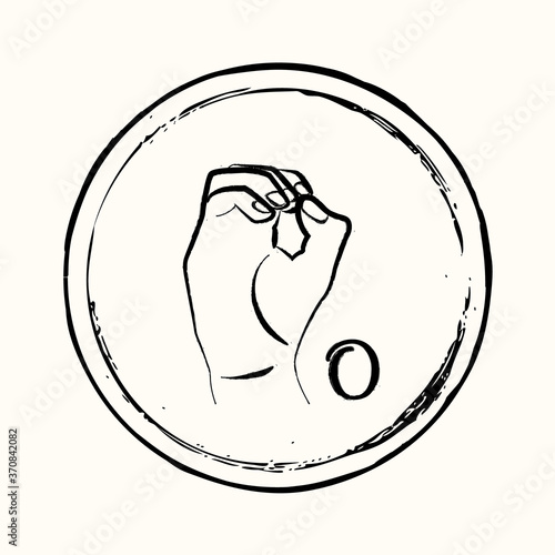 This is a retro image of a letter from the American alphabet in the style of ink drawing. This is a hand gesture for deaf people signifying the letter O.