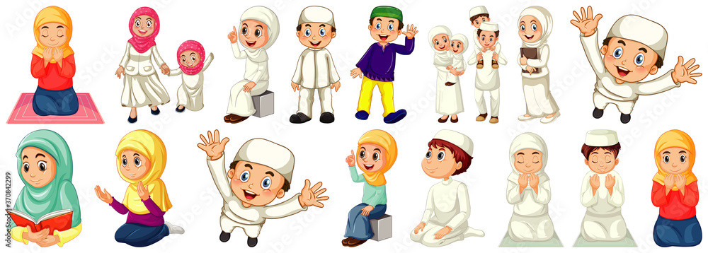 Set of different muslim people cartoon character isolated on white background Set of different muslim people cartoon character isolated on white background