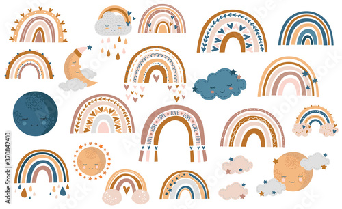 Fototapeta Seamless pattern of hand drawn autumn rainbow, clouds and raindrops in honey, yellow and brown colors on white background, vector illustration
