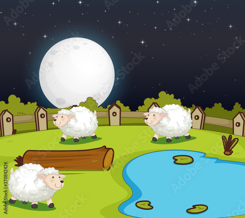 Farm scene with cute sheep at night