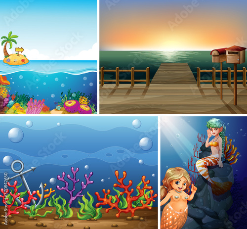 Four different scene of tropical beach and mermaid underwater with sea create...