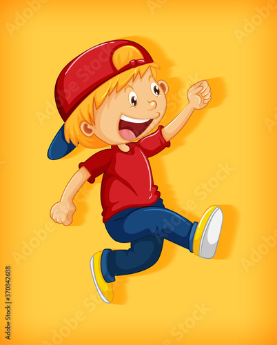 Cute boy wearing red cap with stranglehold in walking position cartoon character isolated on yellow background