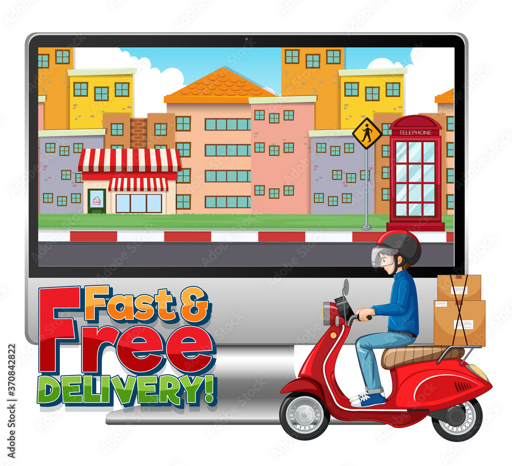Computer with bike man or courier and fast and free delivery logo Computer with bike man or courier and fast and free delivery logo
