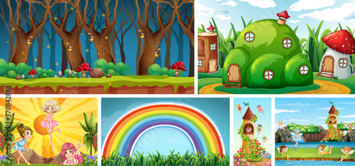 Six different scene of fantasy world with fantasy places and fantasy characte...
