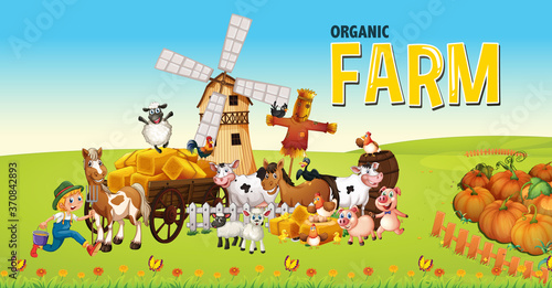 Organic farm logo with animal farm on farm background