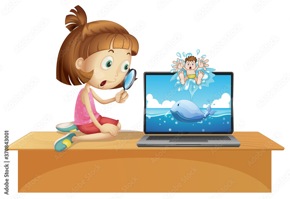 Girl look through magnifying glass to laptop Girl look through magnifying glass to laptop