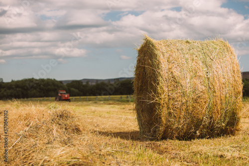 Low angle of dried haystack rolled and placed on dry agricultural field against cloudy sky in sunny weather