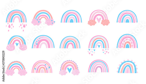 Fototapeta Naklejka Na Ścianę i Meble -  Baby cute rainbow graphic illustration. Blue and pink rainbow baby. Baby Shower clipart.