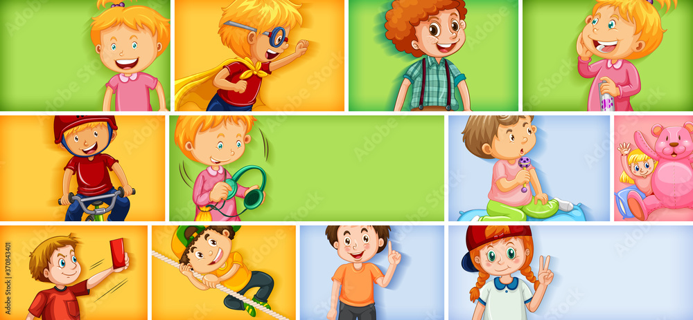 Fototapeta premium Set of different kid characters on different color background