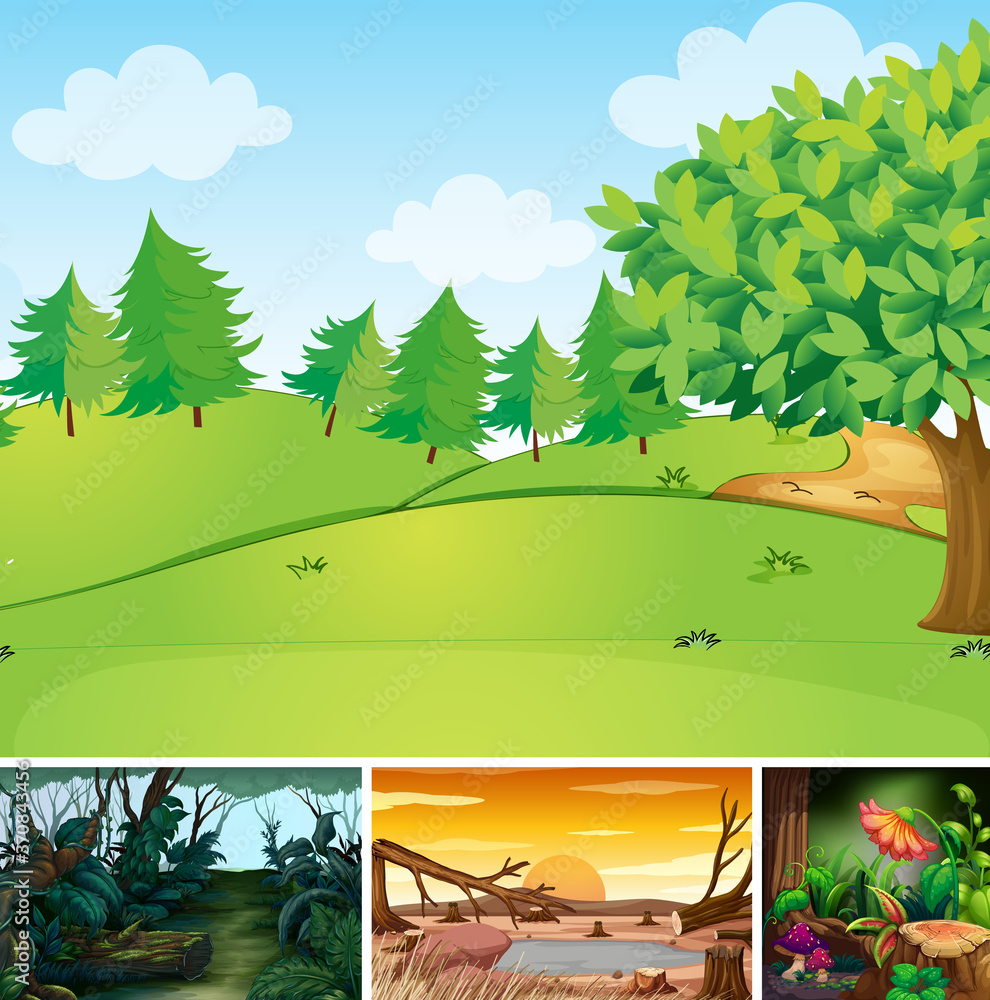 Four different nature scene of forest cartoon style