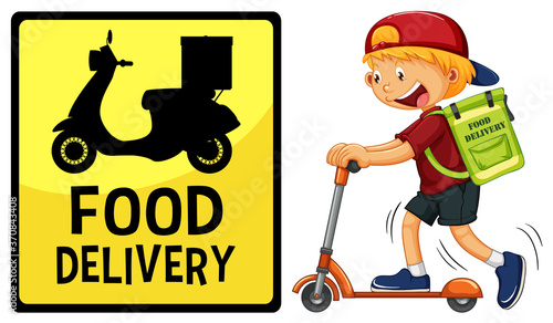 Food delivery logo with delivery man or courier riding on scooter