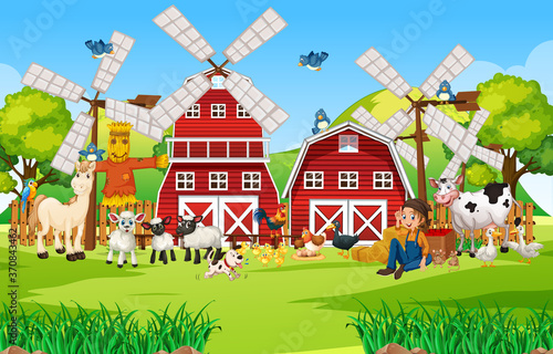 Farm in nature scene with barn and windmill animal farm