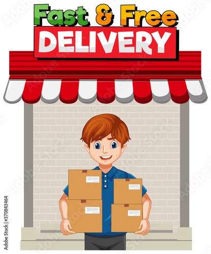 Fast and free logo with deliver or courier man in blue uniform cartoon character