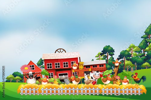 Farm scene with animal farm and blank sky