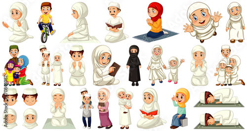 Set of different muslim people cartoon character isolated on white background