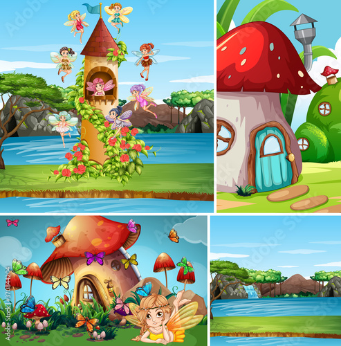 Four different scene of fantasy world with fantasy character and fantasy house