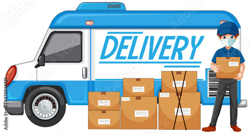 Deivery truck or van with delivery man or courier in blue uniform