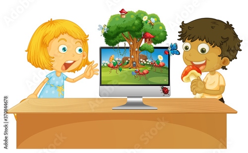 Boy and girl next to computer with insect scene background photo