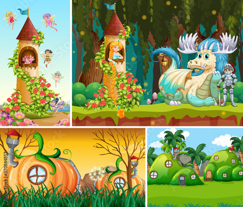 Four different scene of fantasy world with beautiful fairies in the fairy tale and dragon with knight and pumpkin house village
