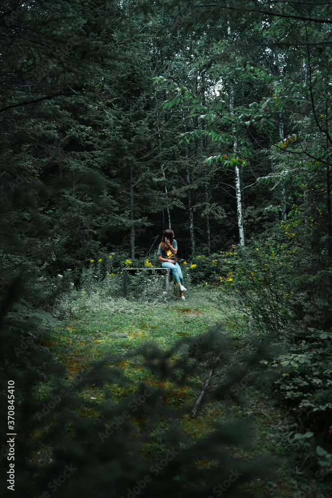 Female traveler at distance sitting on table in lush dark forest of New Brunswick looking away in mysterious atmosphere Female traveler at distance sitting on table in lush dark forest of New Brunswick looking away in mysterious atmosphere