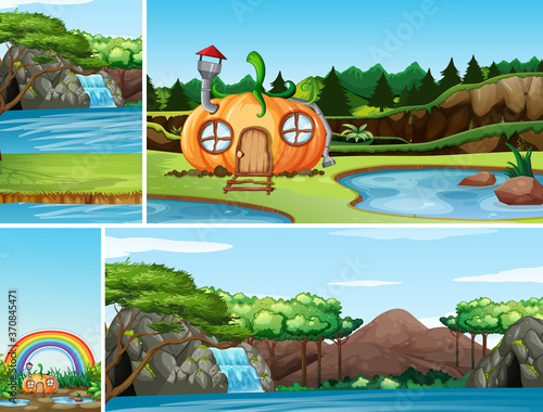Four different scene of nature fantasy world with pumpkin house in the fairy ...