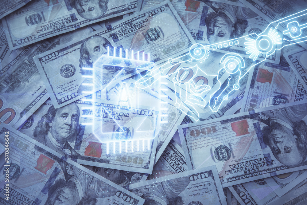 Double exposure of data theme drawing over us dollars bill background. Technology concept. Double exposure of data theme drawing over us dollars bill background. Technology concept.