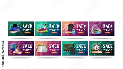 Back to school sale, large collection of colorful discount banners with buttons, icons of school supplies and geometric texture on background. Bright discount banners