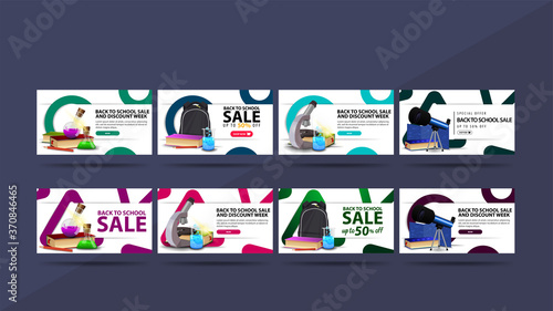 Back to school sale and discount week, set of white discount banners with abstract rings and triangular, buttons and school supplies