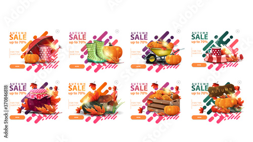 Autumn sale, up to 70% off, large collection clickable pop up banners in liquid modern style for your website with autumn icons, colorful smooth liquid texture and buttons