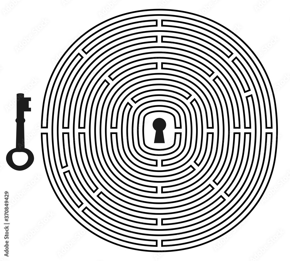 Labyrinth vector. with key and keyhole symbol. Circle maze game illustration Labyrinth vector. with key and keyhole symbol. Circle maze game illustration