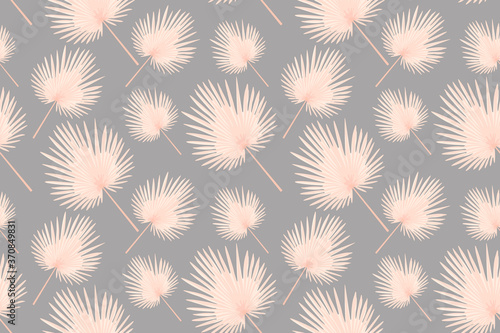 Vector seamless pattern with compositions of tropical leaves on a gray background. Beautiful summer design for printing postcards, fabrics, invitations, bedding, wrapping paper, textiles.
