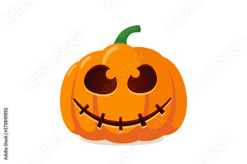 Scary spooky pumpkin jack o lantern with creepy ghost fear smile. Traditional happy halloween holiday celebration horror decoration evil symbol. Flat vector illustration isolated on white background