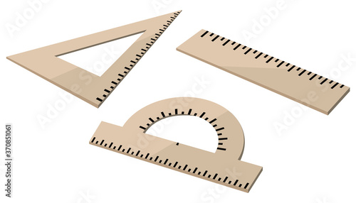 Ruler protractor square. New collection of school supplies for geometry and drawing in three items.