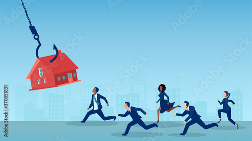 Vector of a group of people running after a house on a fishing hook
