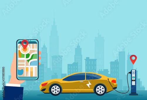 Vector of an owner of the electric car using smart phone to locate charging station in the city