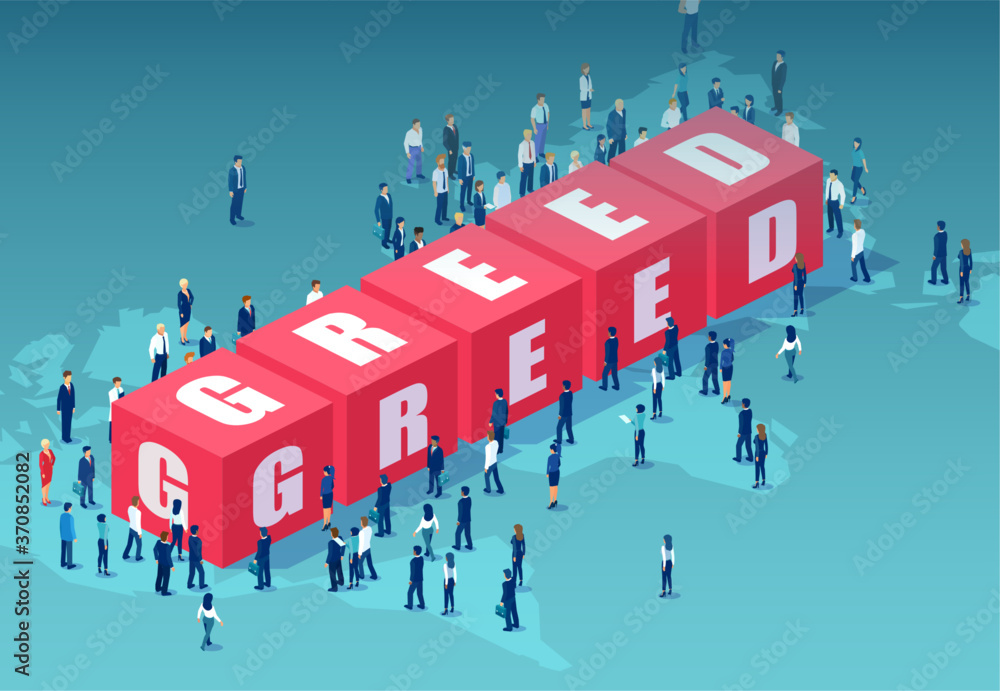 Vector of corporate people standing around word greed - obrazy, fototapety, plakaty 