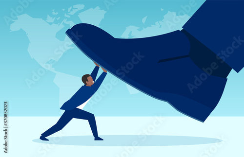 Vector of a small African American businessman fighting a big boss photo