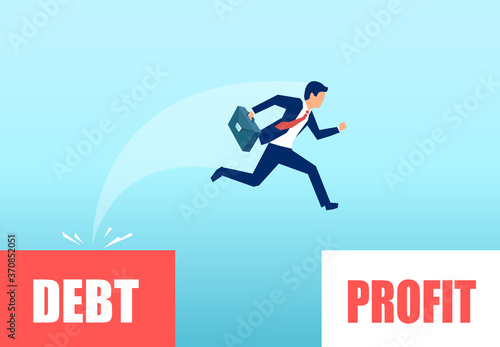Vector of a business man jumping from a debt zone to profitability