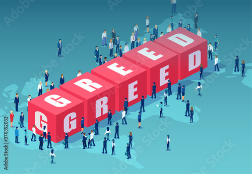 Vector of corporate people standing around word greed