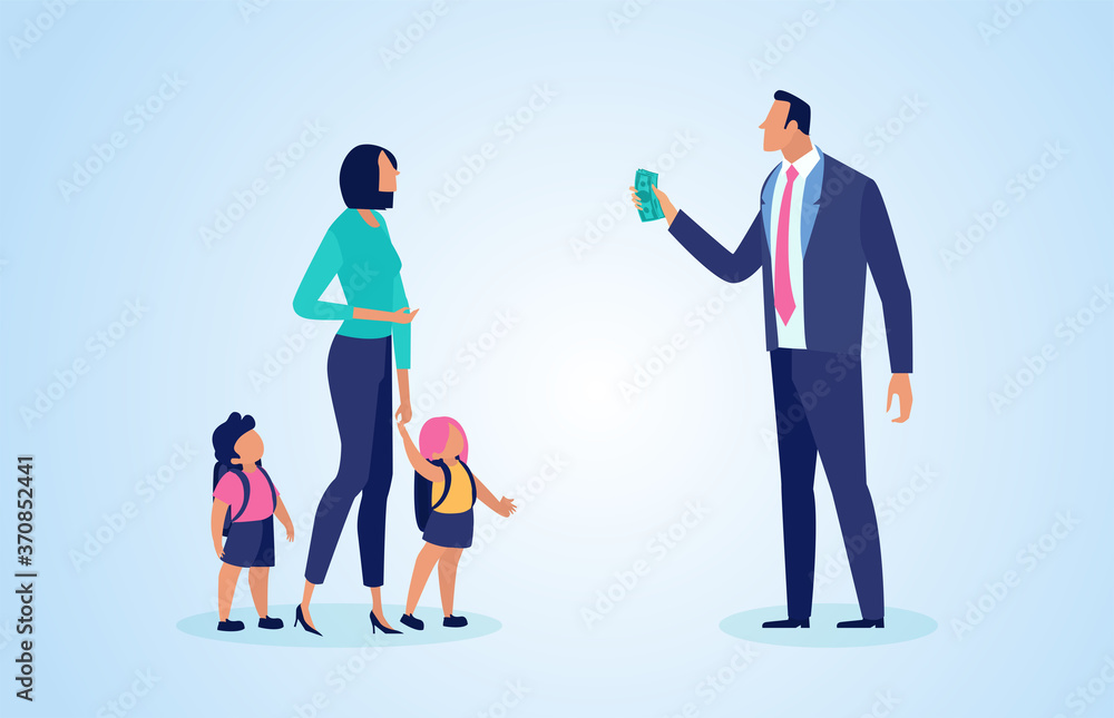 Fototapeta premium Vector of a man giving money to a former wife to support children