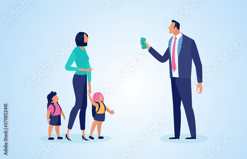 Vector of a man giving money to a former wife to support children