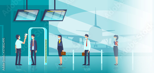 Vector of a security worker checking body temperature of passengers at the airport terminal.