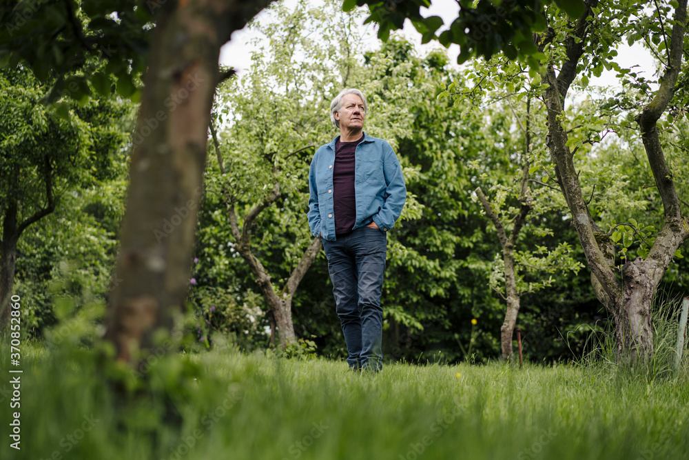 Senior man standing in a rural garden Senior man standing in a rural garden