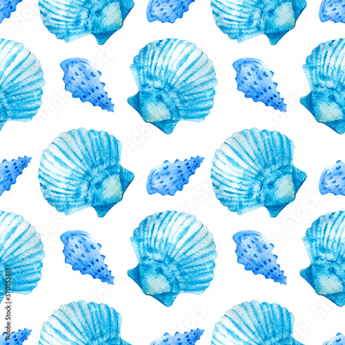 Watercolor seamless patterns with blue seashells on a white background. Perfect for postcards, patterns, banners, posters, nautical wallpapers, gift wrapping or clothing prints