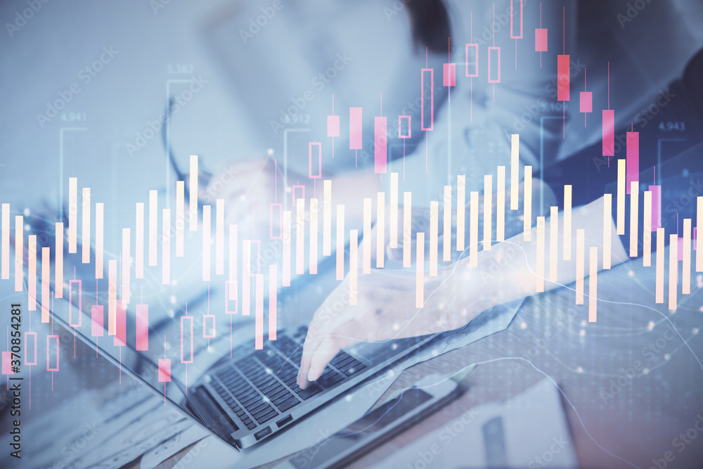 Multi exposure of woman hands typing on computer and financial chart hologram drawing. Stock market analysis concept. Multi exposure of woman hands typing on computer and financial chart hologram drawing. Stock market analysis concept.