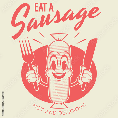 funny red sausage cartoon logo in retro style
