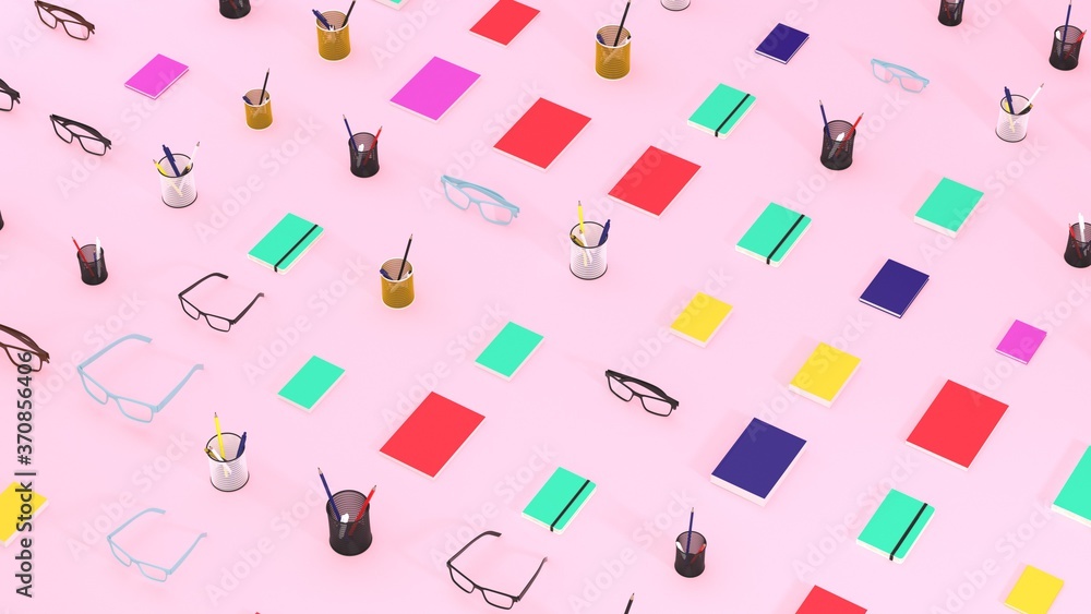 High Angle View Of stationery, glasses, books and notebooks on pastel pink Background. School and Business patern. Back to School. 3D rendering High Angle View Of stationery, glasses, books and notebooks on pastel pink Background. School and Business patern. Back to School. 3D rendering