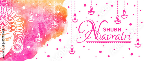 Shubh or Happy Navratri greeting card, discount banner, flyer template. Maa Durga face with lamps, vector watercolor stains background. Modern stylized line illustration with painted creative backdrop